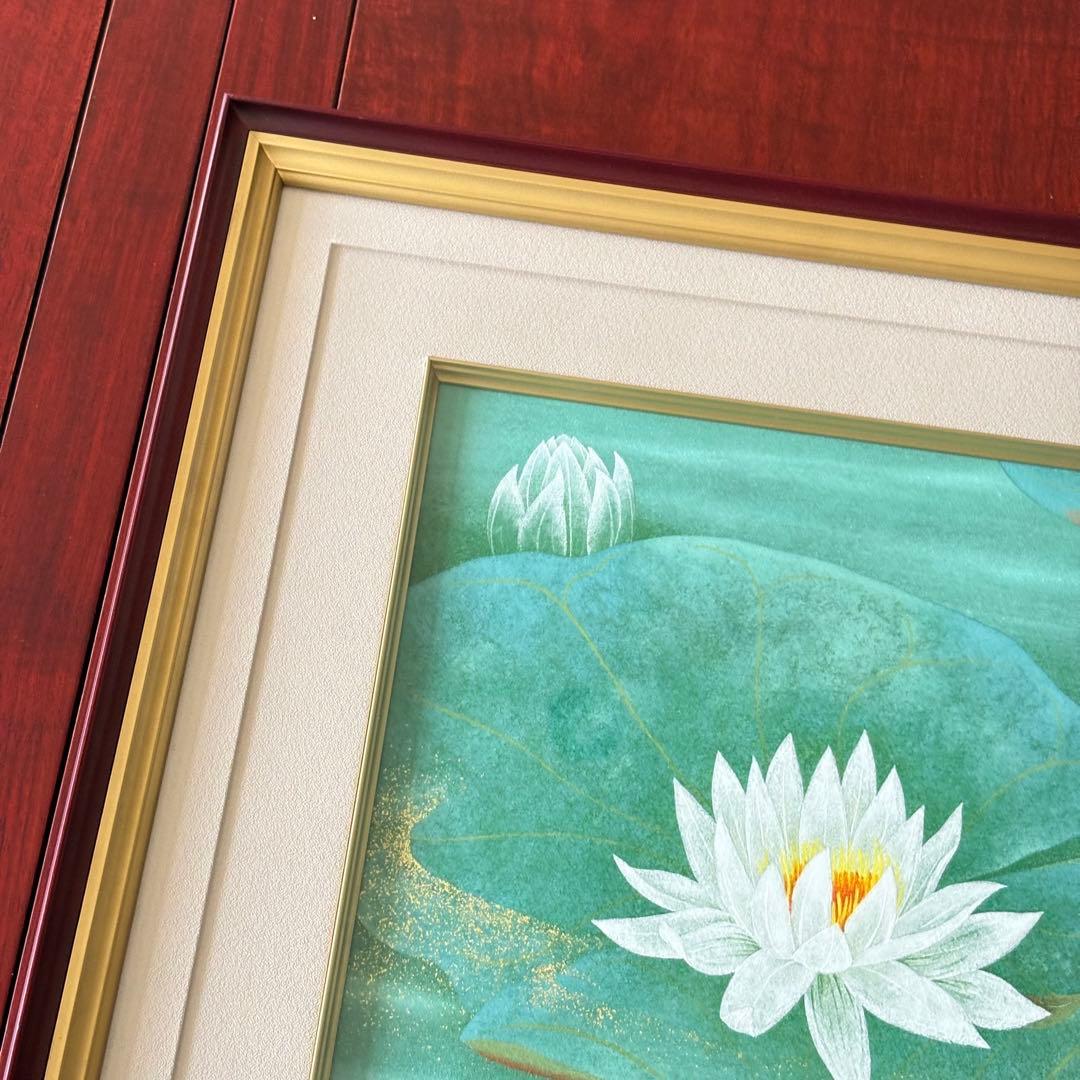 仲林敏次 日本画「朱草（睡蓮）」6号 額装 三重県出身 新興美術院会 一枚の繪G