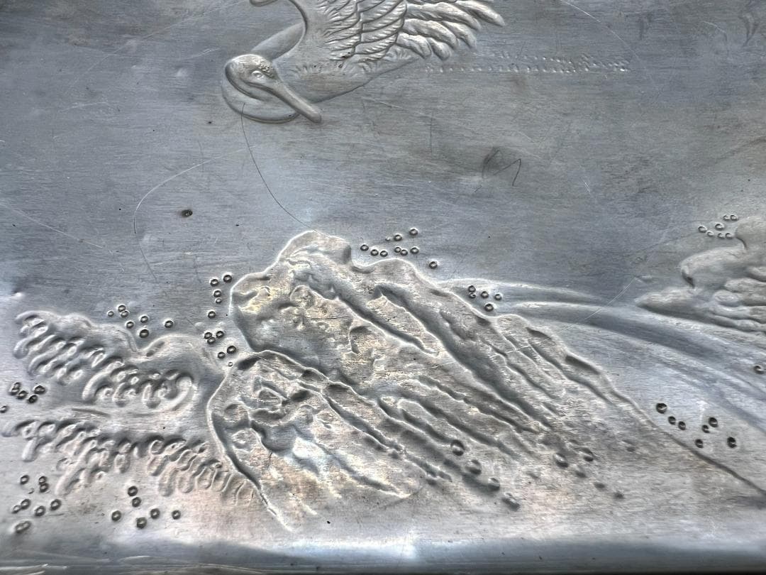 【海】銀製　秀山作　手彫　波鶴図　ケース　小箱　小物入れ　蓋のみ　約117g