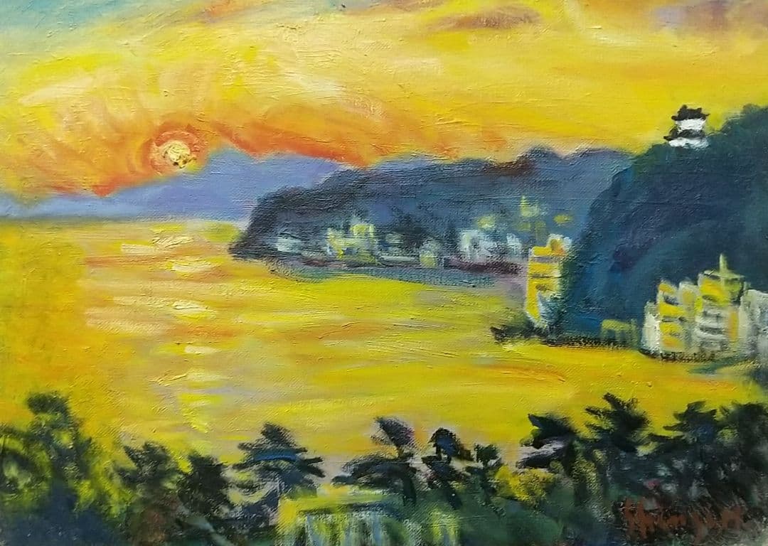 絵画「朝しずか」熱海 真作 F4 1984 油絵 油彩画 風景画 アート