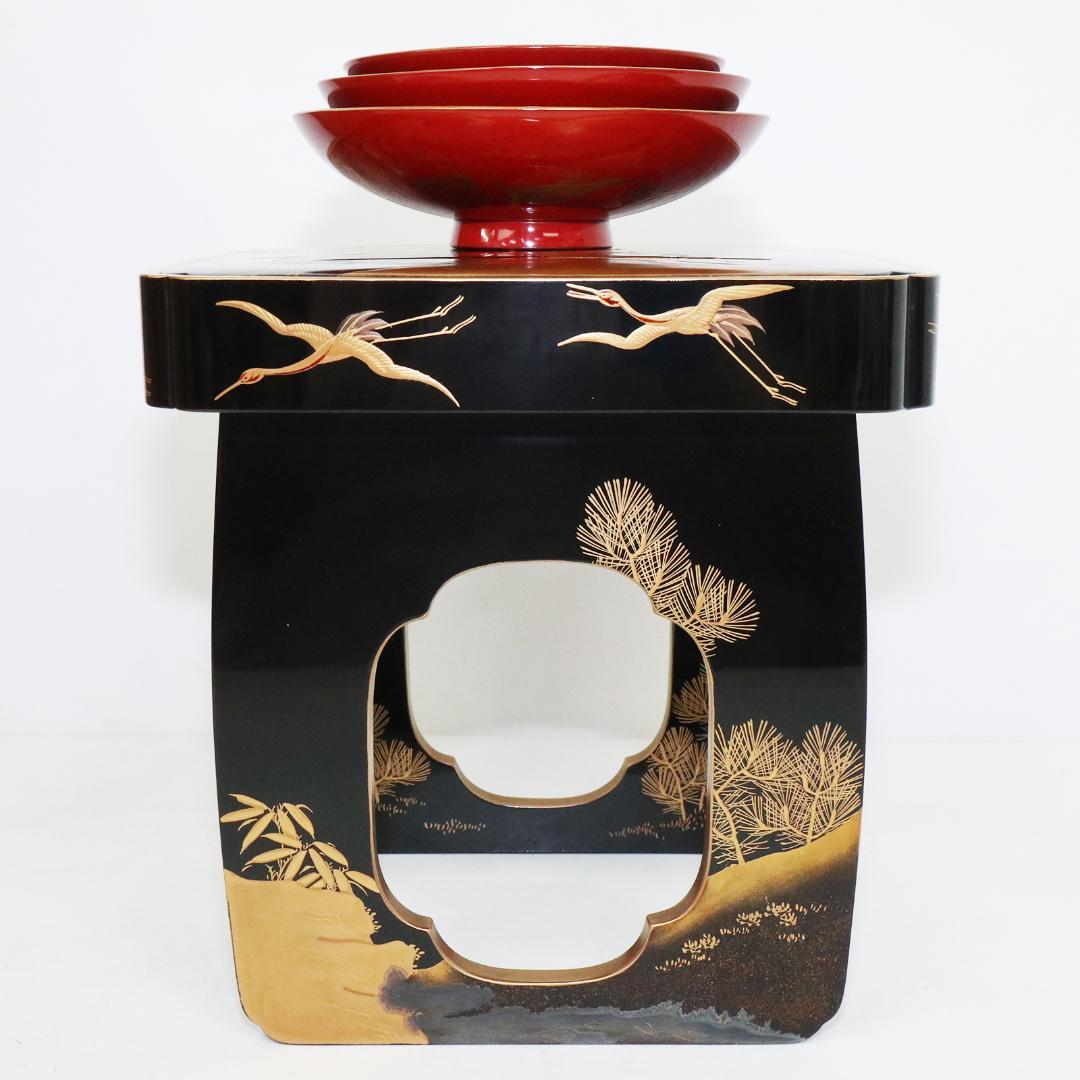 時代漆器 朱漆塗 鶴亀山水 松竹梅 縁起物 蒔絵 三ツ重盃 木製