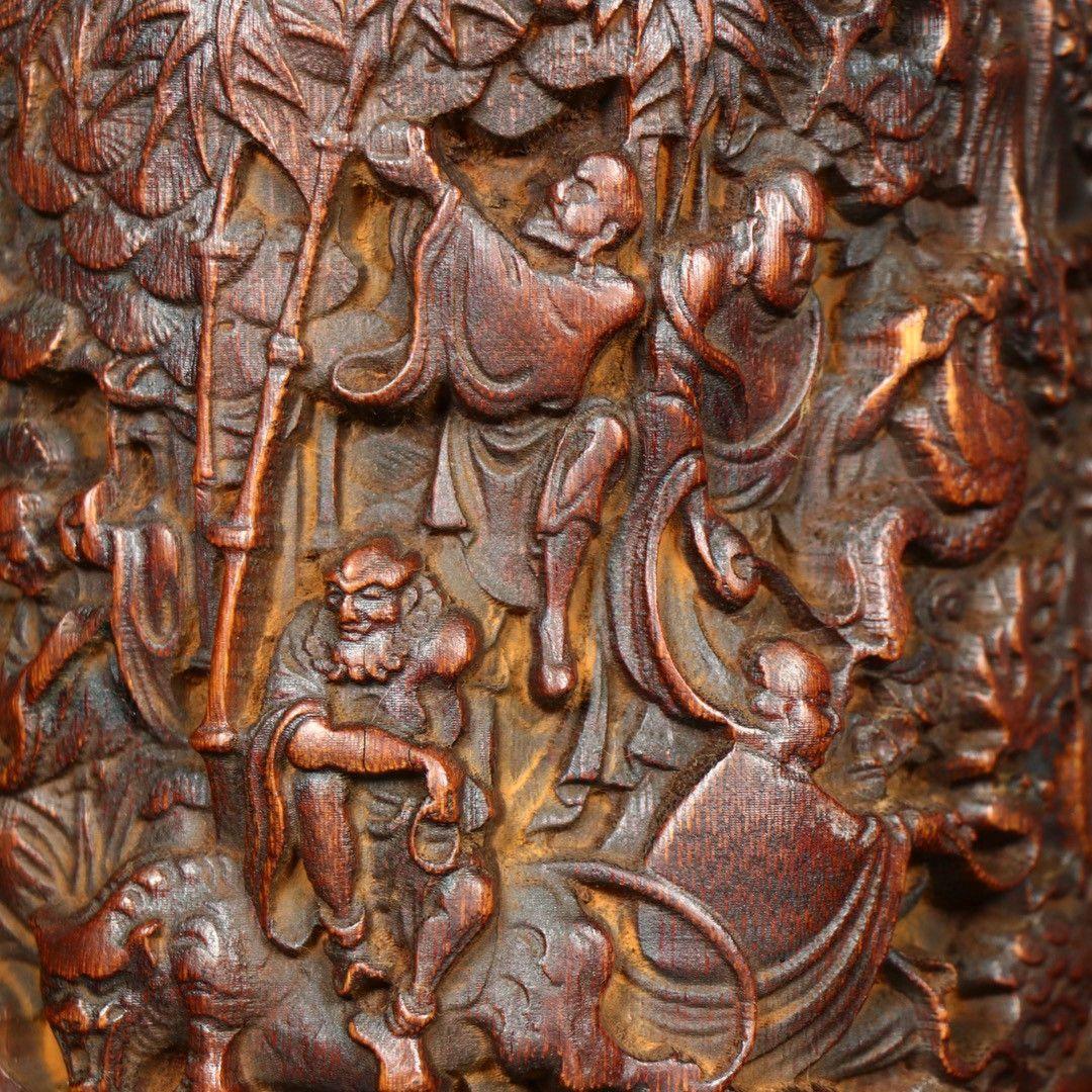 竹 彫刻 十八羅漢筆箱 書道具 文房具 現代工芸品 美術品 置物