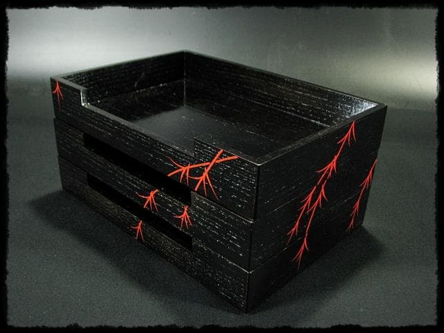 鵬雲斎好 田楽 菓子器 加州 賀峰 朱柳 掻合塗 三段重 裏千家茶道具 f301