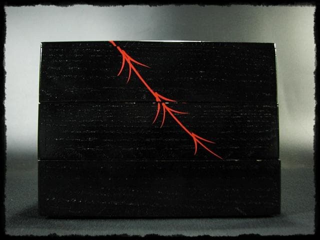 鵬雲斎好 田楽 菓子器 加州 賀峰 朱柳 掻合塗 三段重 裏千家茶道具 f301