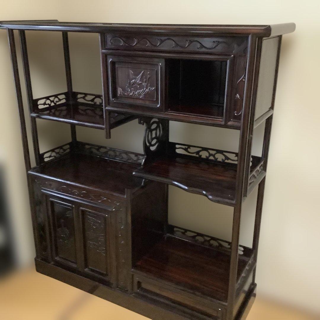 美品　レトロ　飾り棚　違い棚　茶棚　茶道　紫檀　木製　和家具　彫刻