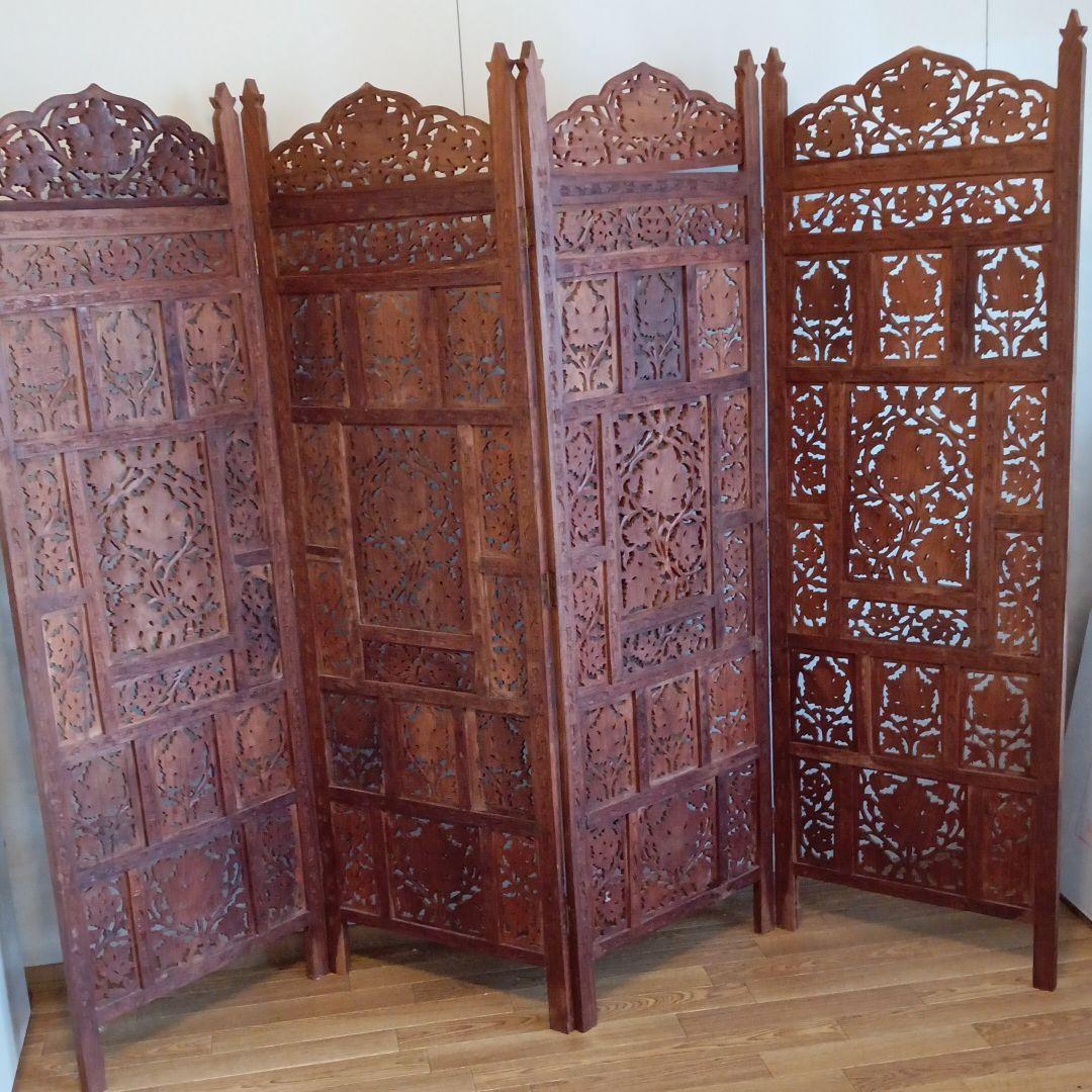 アンティク アジアン手彫り屏風工芸品
