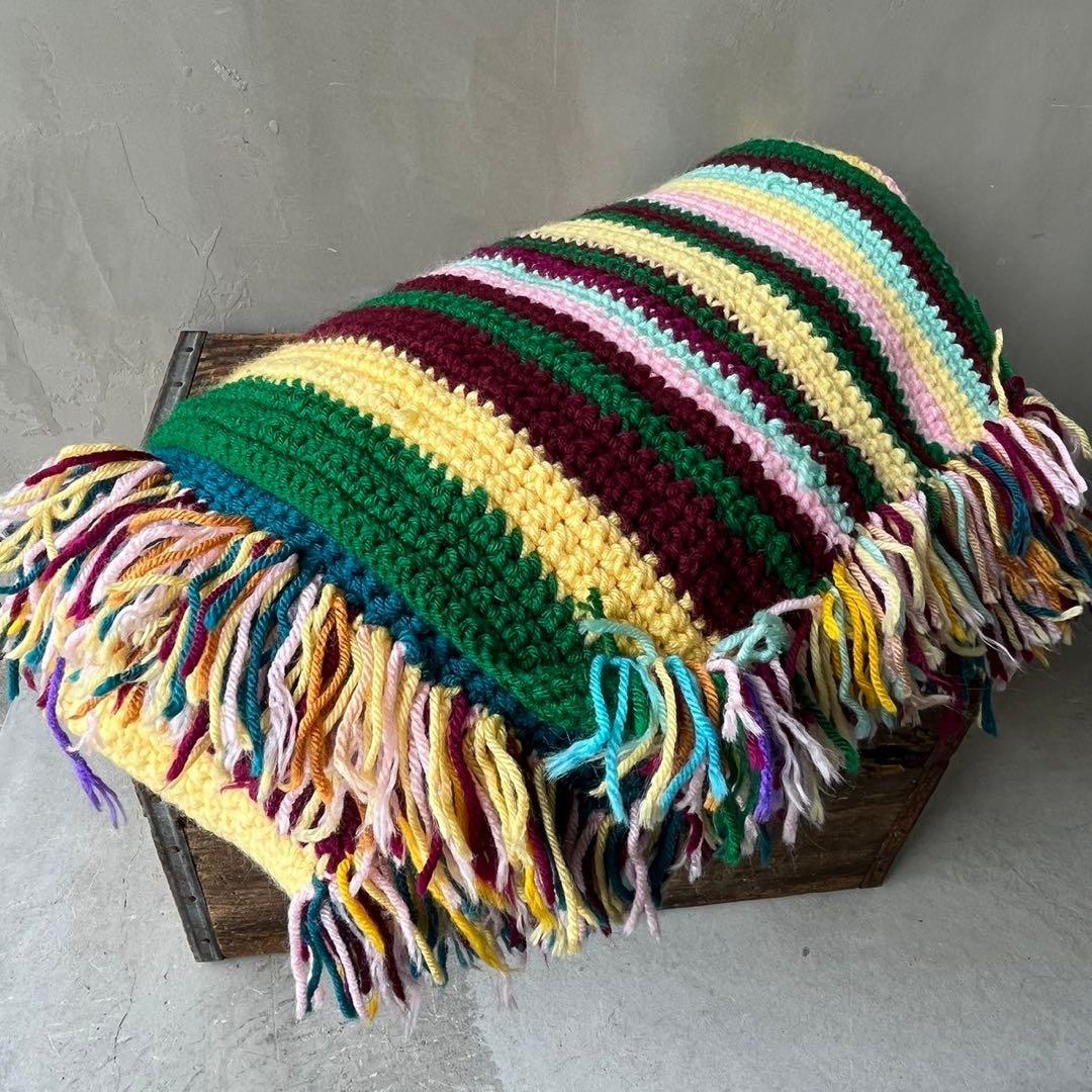 【USA vintage】グラニーブランケット　ストライプ　フリンジ付き