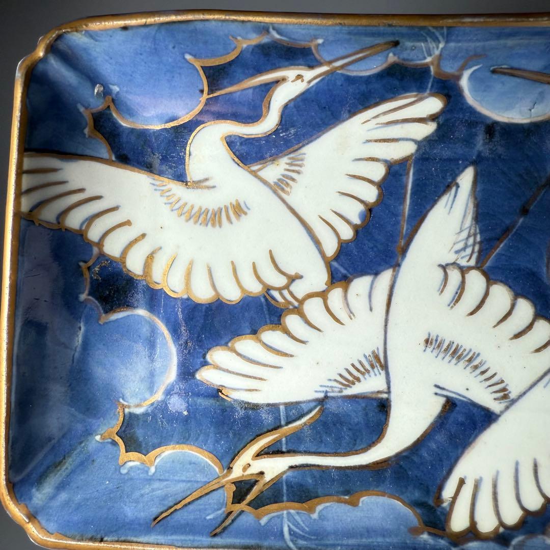 幕末明治期　染錦白鷺文様長皿　五客　古陶を楽しむ　アンティーク食器　料理屋