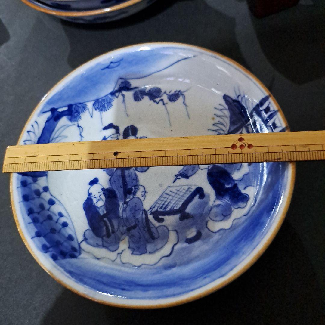 中国古玩　大清成化年　取皿　　山水人物図　染付青磁　五客セット
