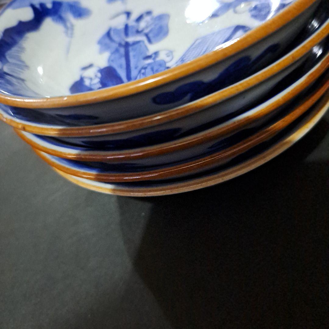 中国古玩　大清成化年　取皿　　山水人物図　染付青磁　五客セット