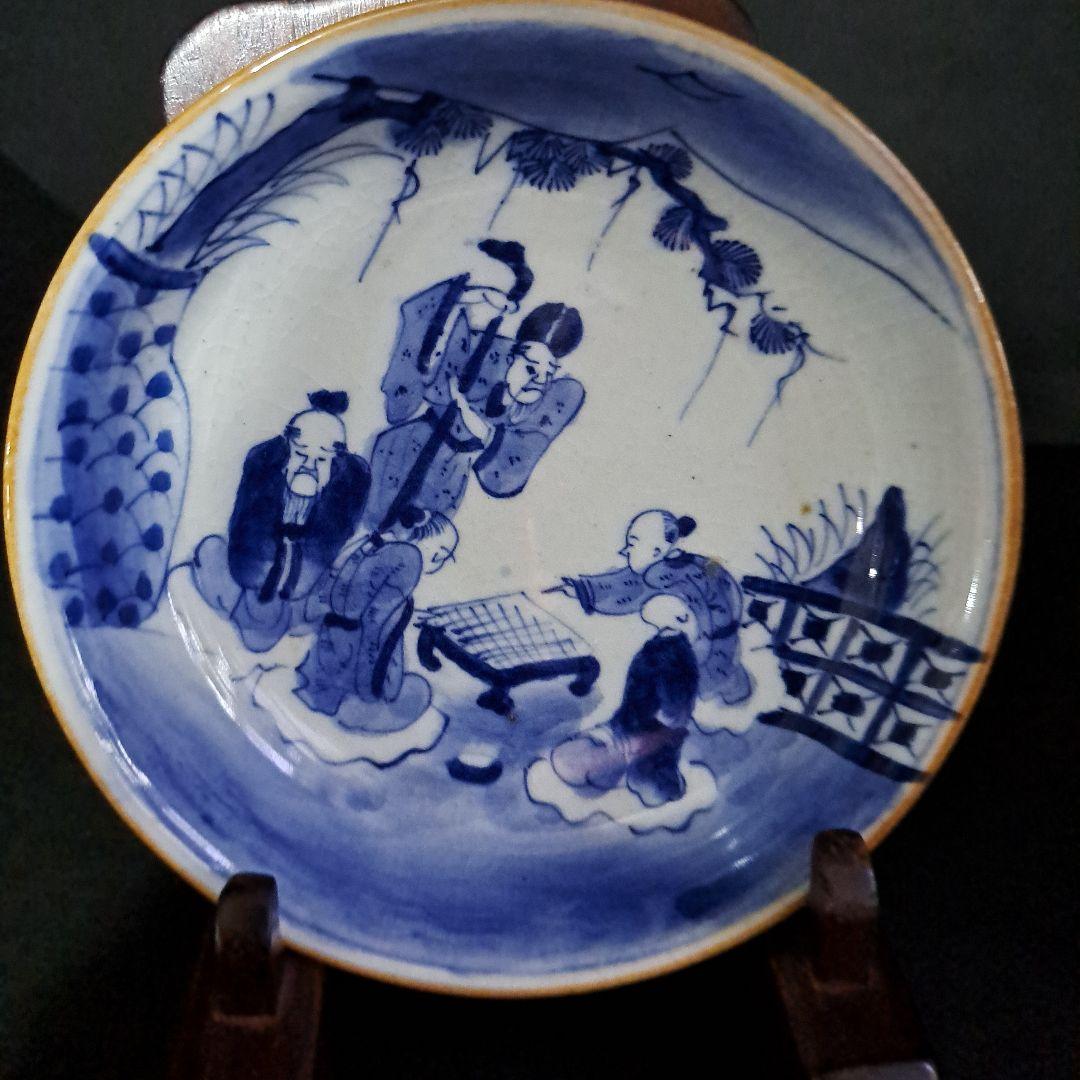中国古玩　大清成化年　取皿　　山水人物図　染付青磁　五客セット