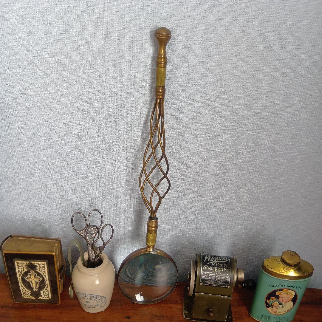 アメリカ製 アンティーク 大きな拡大鏡☆虫眼鏡☆ルーペ文房具☆ガラスレンズ