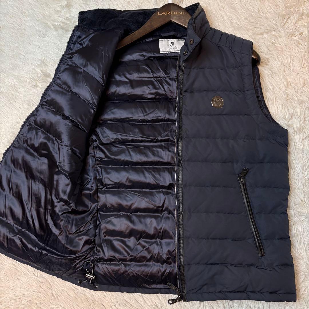 (美品) マークアンドロナ ダウン ベスト レザーパイピング ダブルジップ ボア