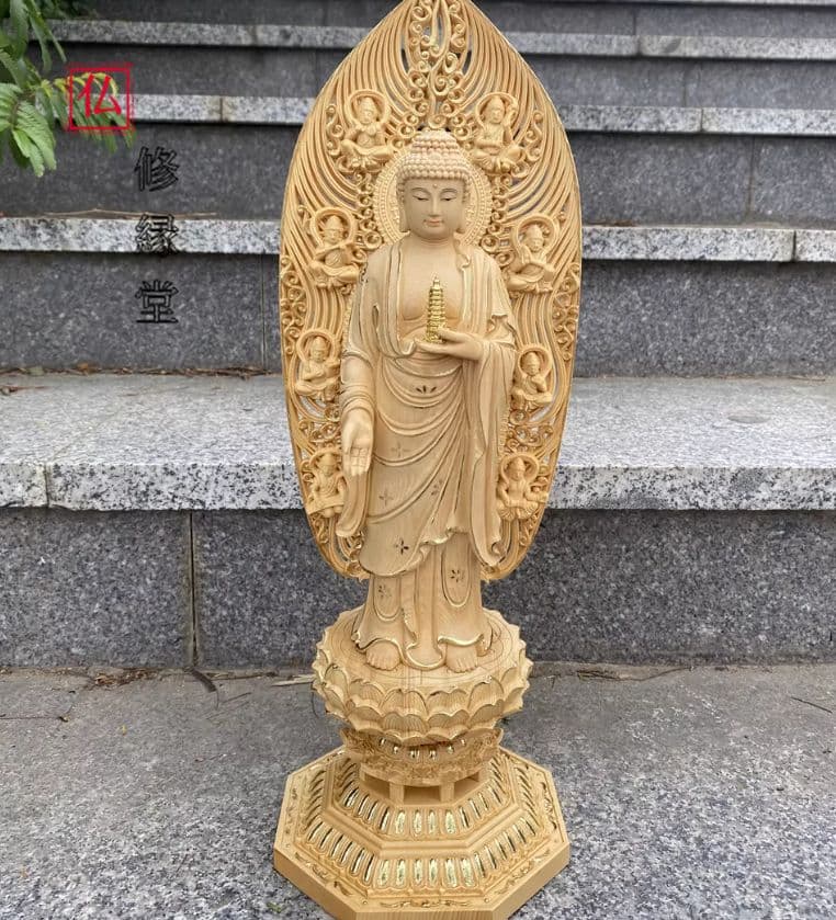 【修縁堂】新作　仏教工芸品　木彫仏像 三宝仏 釈迦牟尼 木彫仏像 仏教工芸品