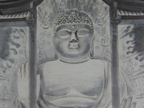 穐月明、【大佛殿】、希少な額装用画集より、新品額装付、状態良好