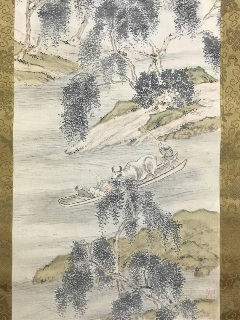 真作/田能村竹田/春晩渡江図/画賛/山水図/掛軸☆宝船☆AH-503