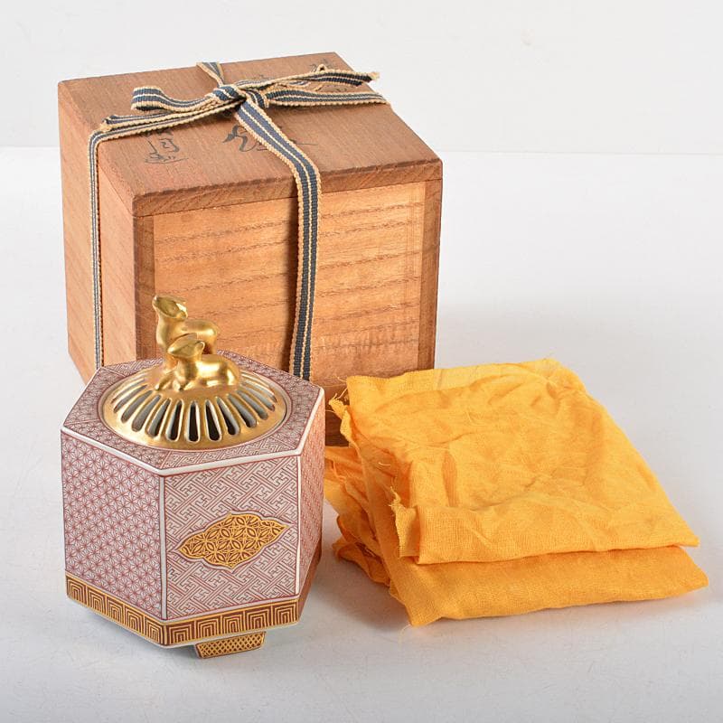 茶道具　九谷焼　西野昭弘　昭月造　本金赤細書小紋　香炉　共箱　U　R6040