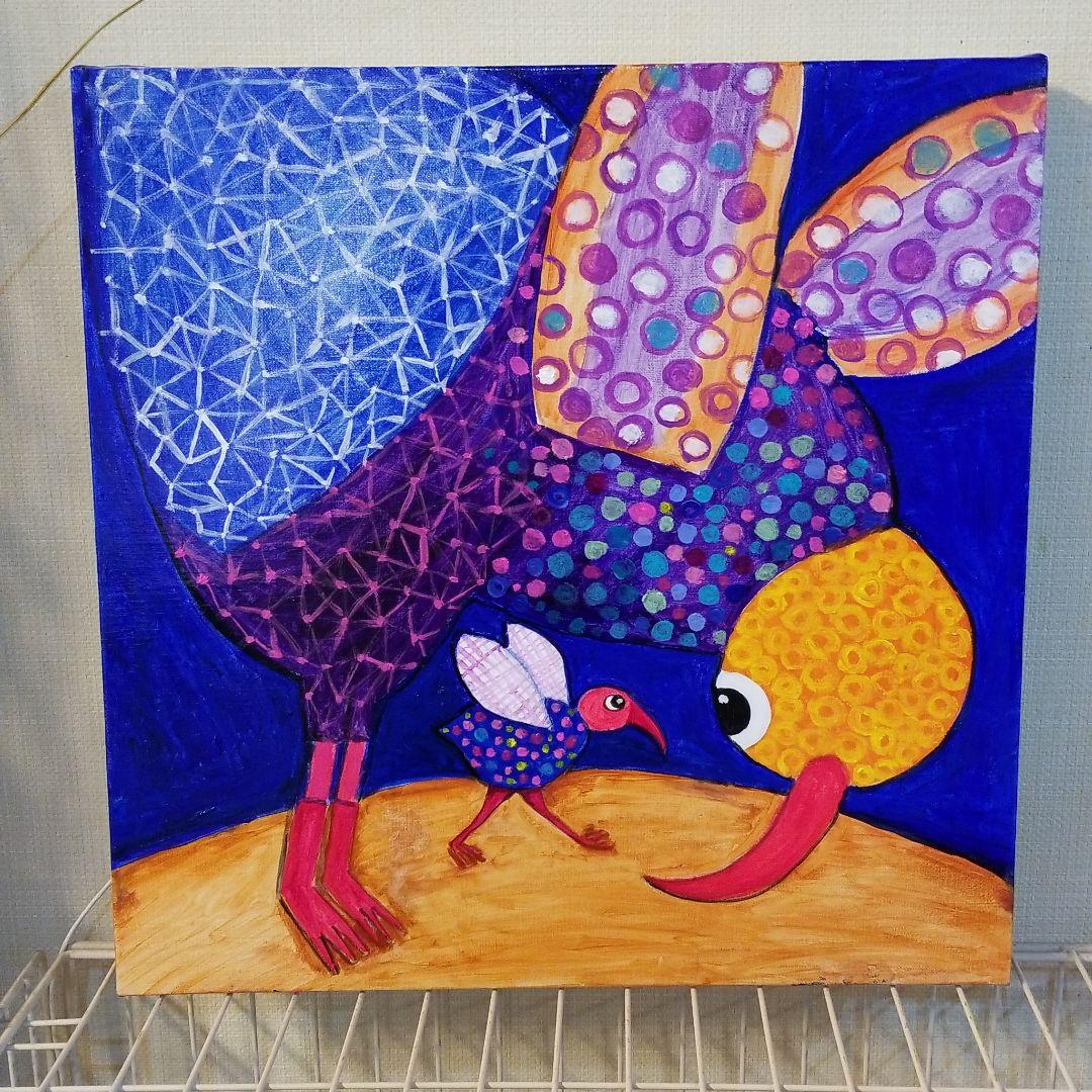 油絵　けい　羽ばたく練習を見る鳥