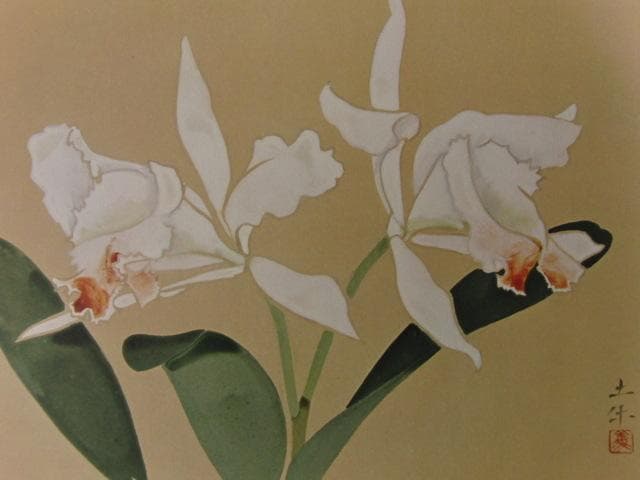 奥村土牛、【蘭花】、希少な大判額装用画集より、新品高級額装付