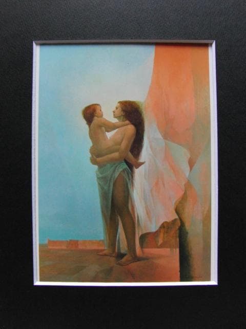 高い寛二、母と子、希少な画集より、新品高級額・額装付