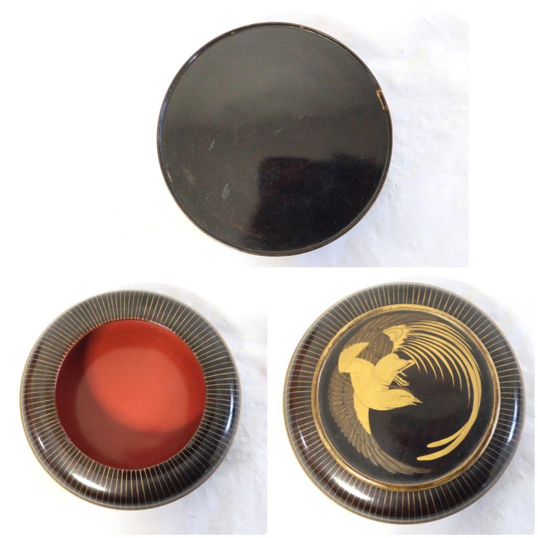 漆芸 鳳凰蒔絵 足付段重 蓋物 骨董 時代物 Mラ