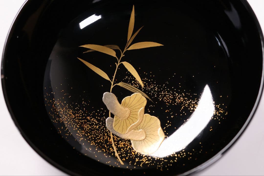 【CM412】天然木漆塗 加賀蒔絵 蓮と野菜金蒔絵 黒煮物椀 三客 漆器 昭和期