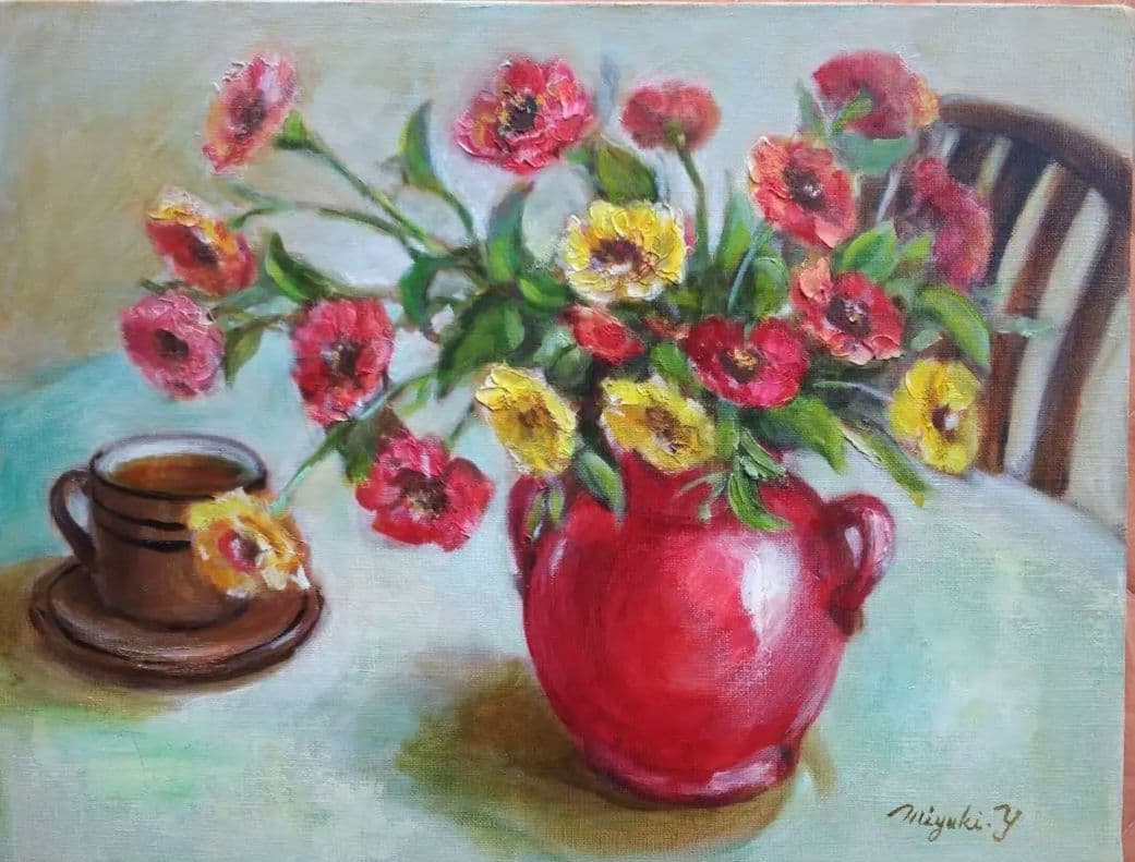 ジニアの花保田三友紀の油絵 F6額縁無し