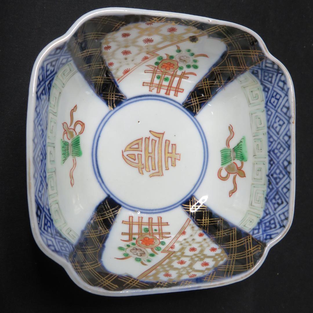 向付 小鉢 4客 色絵 角鉢 壽 瓢箪 花柵 唐草 古伊万里 窯傷