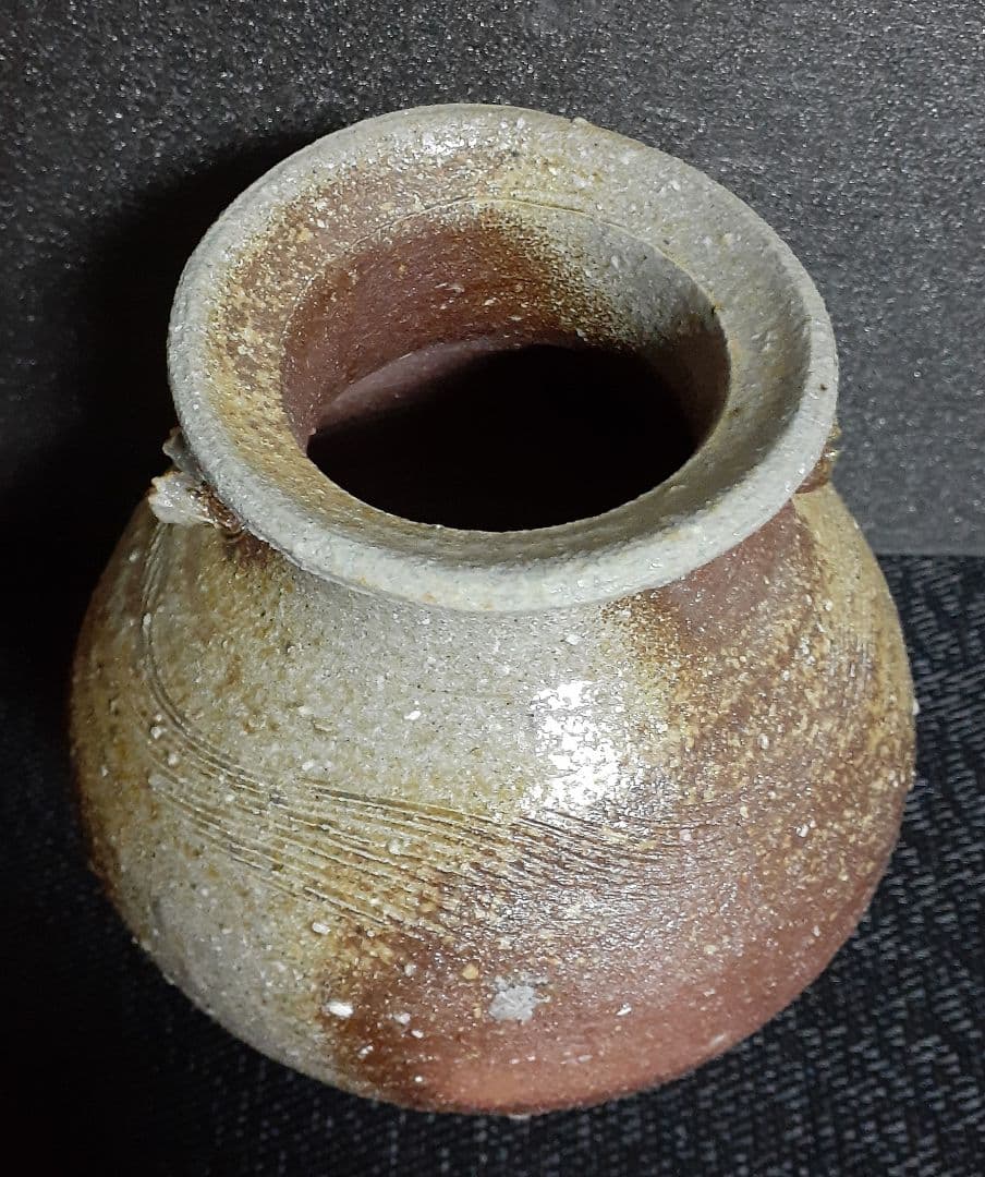 常滑焼　【竹内嘉彦】造　南蛮手　櫛目　双耳壺　共箱　共布　陶歴付　茶道具　茶器