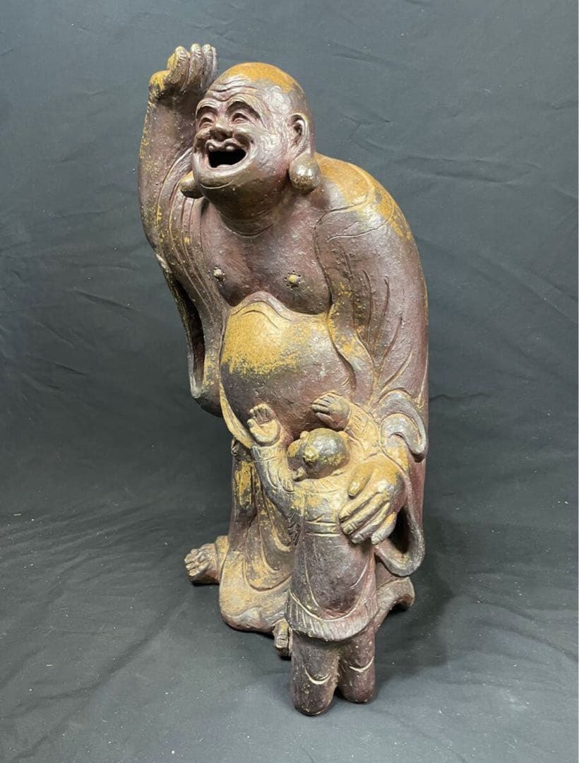木村陶峰 備前焼 特大 布袋様 置物 オブジェ インテリア 時代物 縁起物 陶器