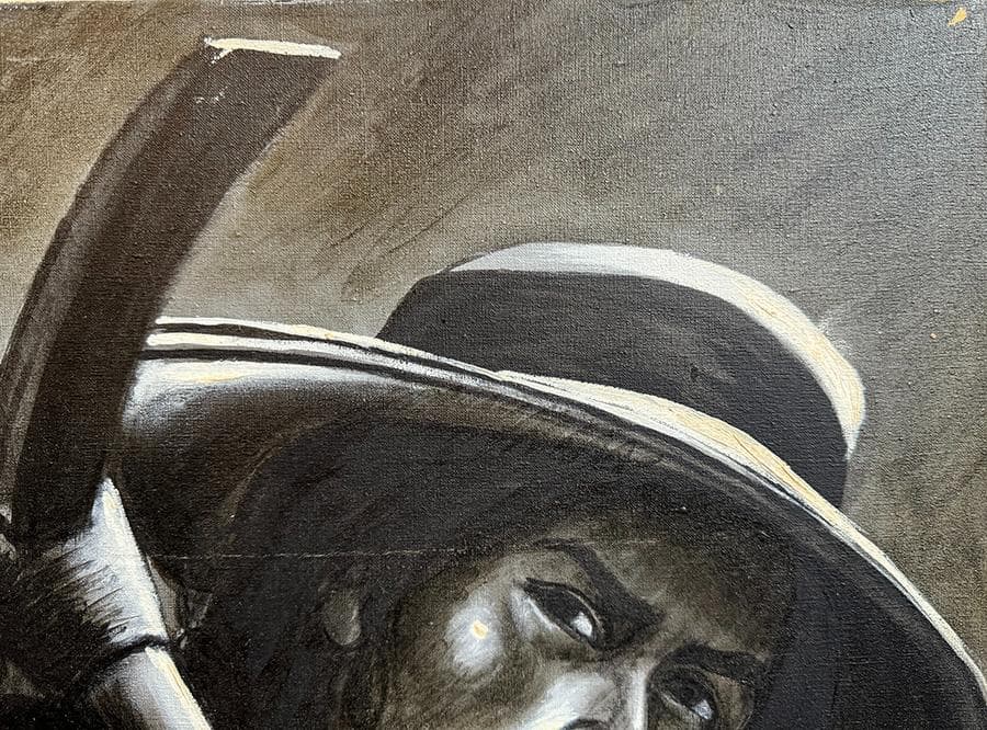 モノクロ肉筆画 母子と農具の肖像画 力強い表情 M20号額縦86cm横64cm