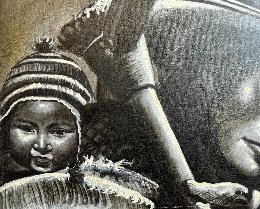 モノクロ肉筆画 母子と農具の肖像画 力強い表情 M20号額縦86cm横64cm