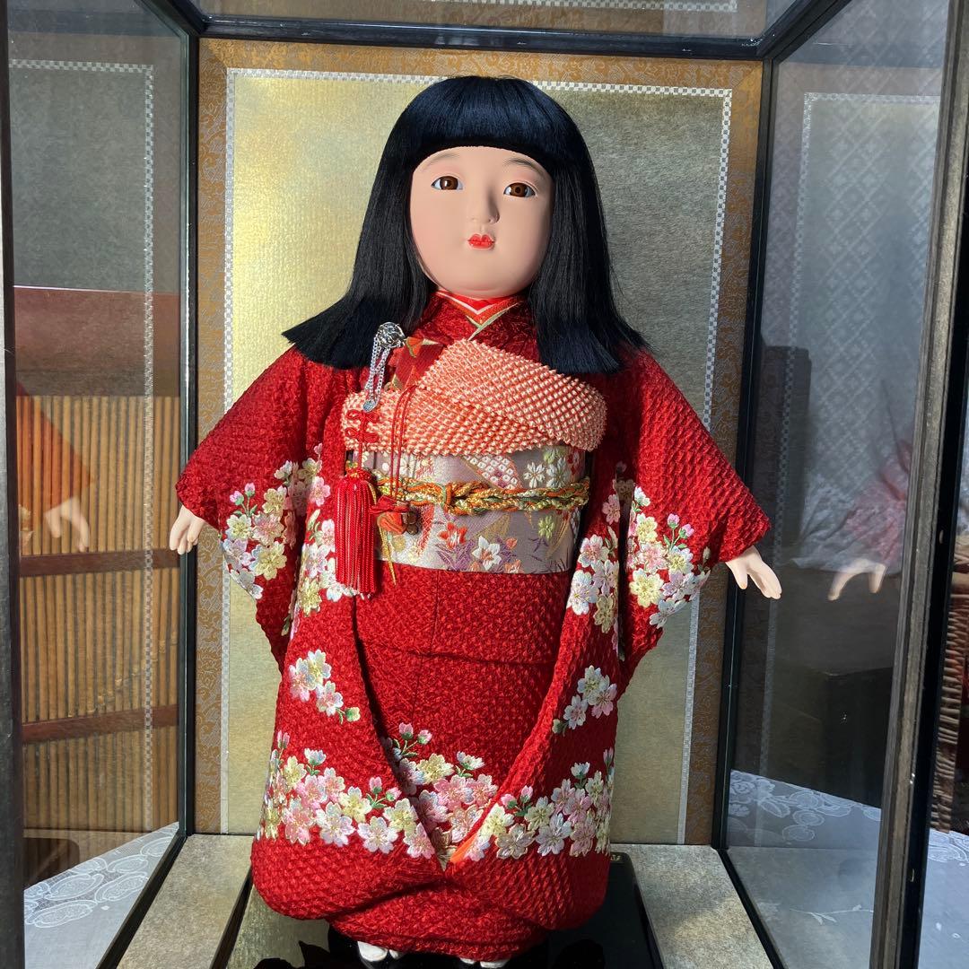 市松人形 ガラスケース入り 赤地桜着物 銘札あり