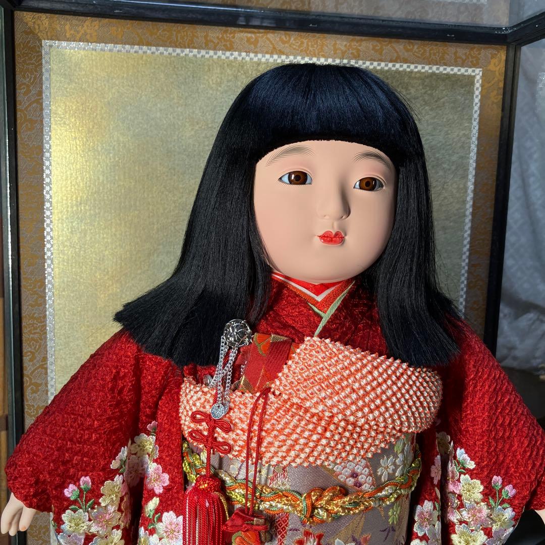 市松人形 ガラスケース入り 赤地桜着物 銘札あり