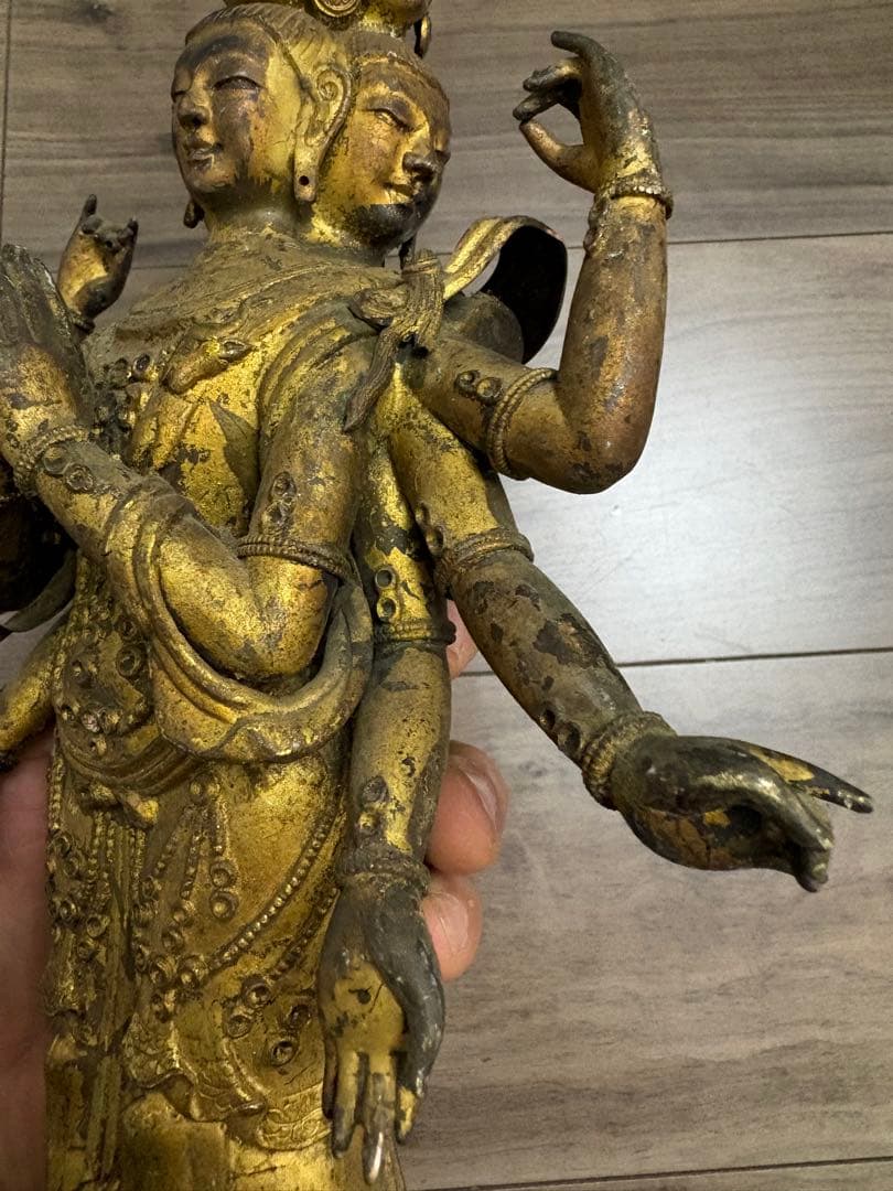 h*k様 八臂十一面塗金観音立像　古銅製 清時代 古董 重約1100克