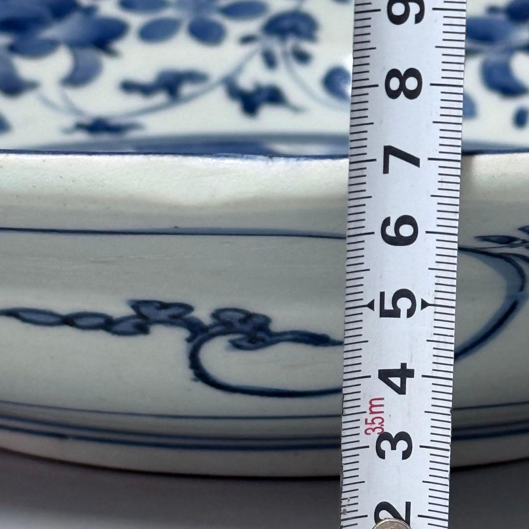 古伊万里　藍九谷様式　染付水鳥花図尺皿　31.5cm　裏唐草文　江戸中期　蒐集家