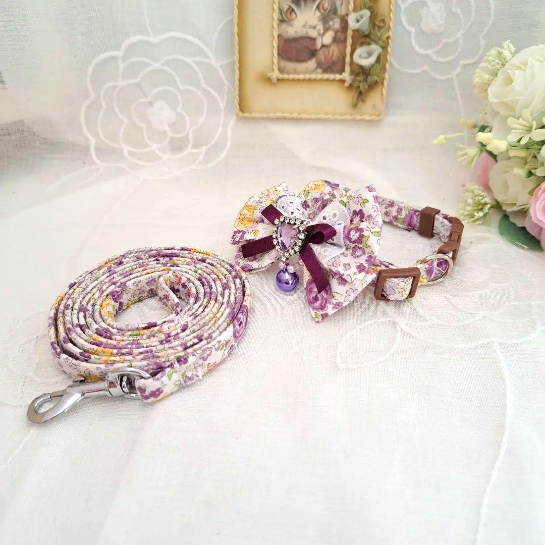 リボン首輪(パープルローズ)&リードセット、わんちゃん猫ちゃん用