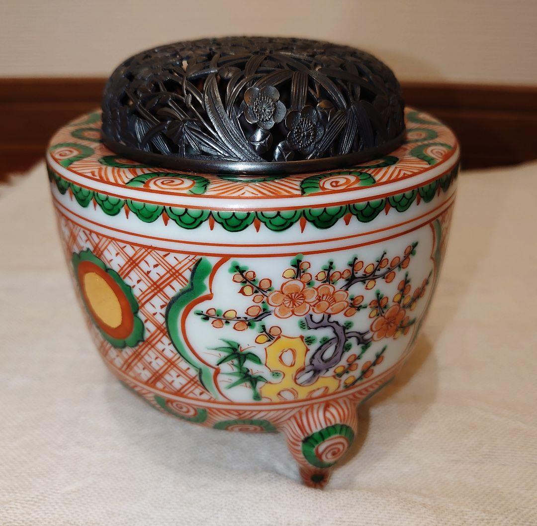 四代三浦竹泉 赤絵 香炉 純銀火屋 松興堂 金彩 四君子 アンティーク