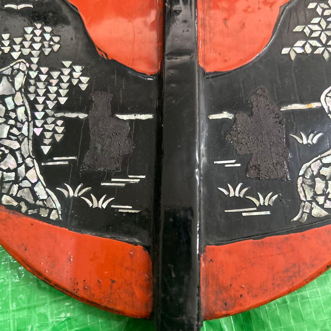 軍配 螺鈿細工 風景図 木製 全長約51cm 時代物 武具 レトロ