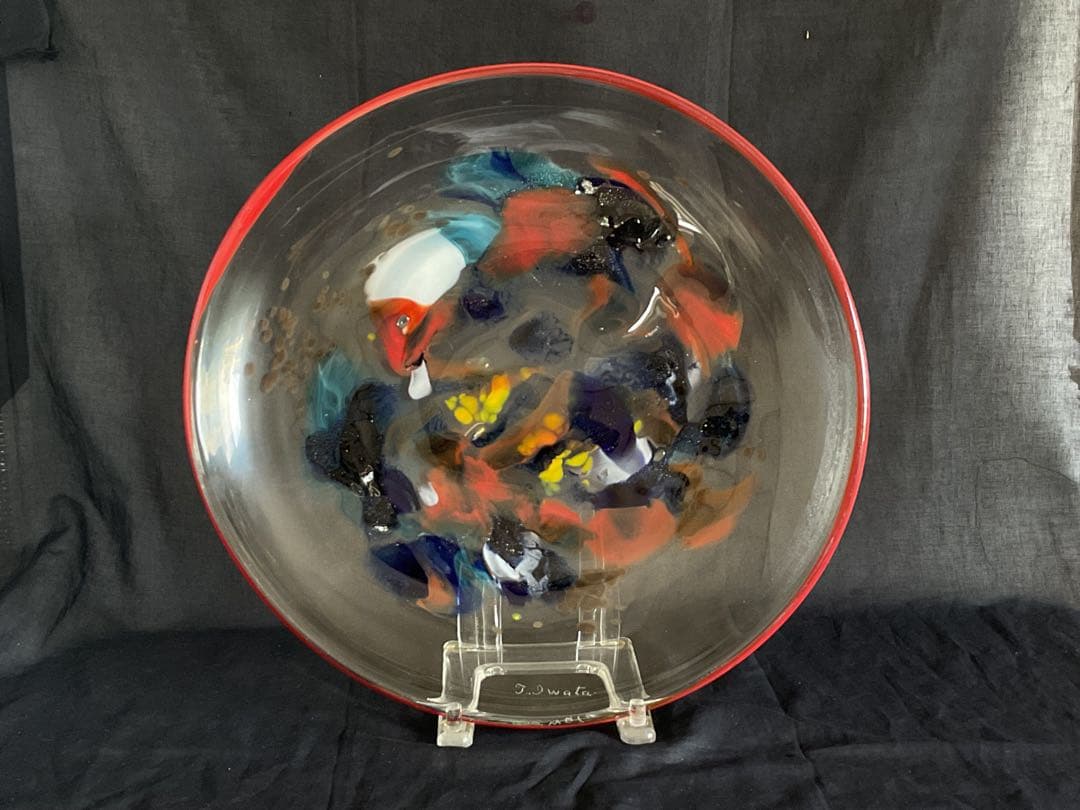 岩田藤七(1893-1980) 美しい「ガラス抽象画大皿」アート絵皿