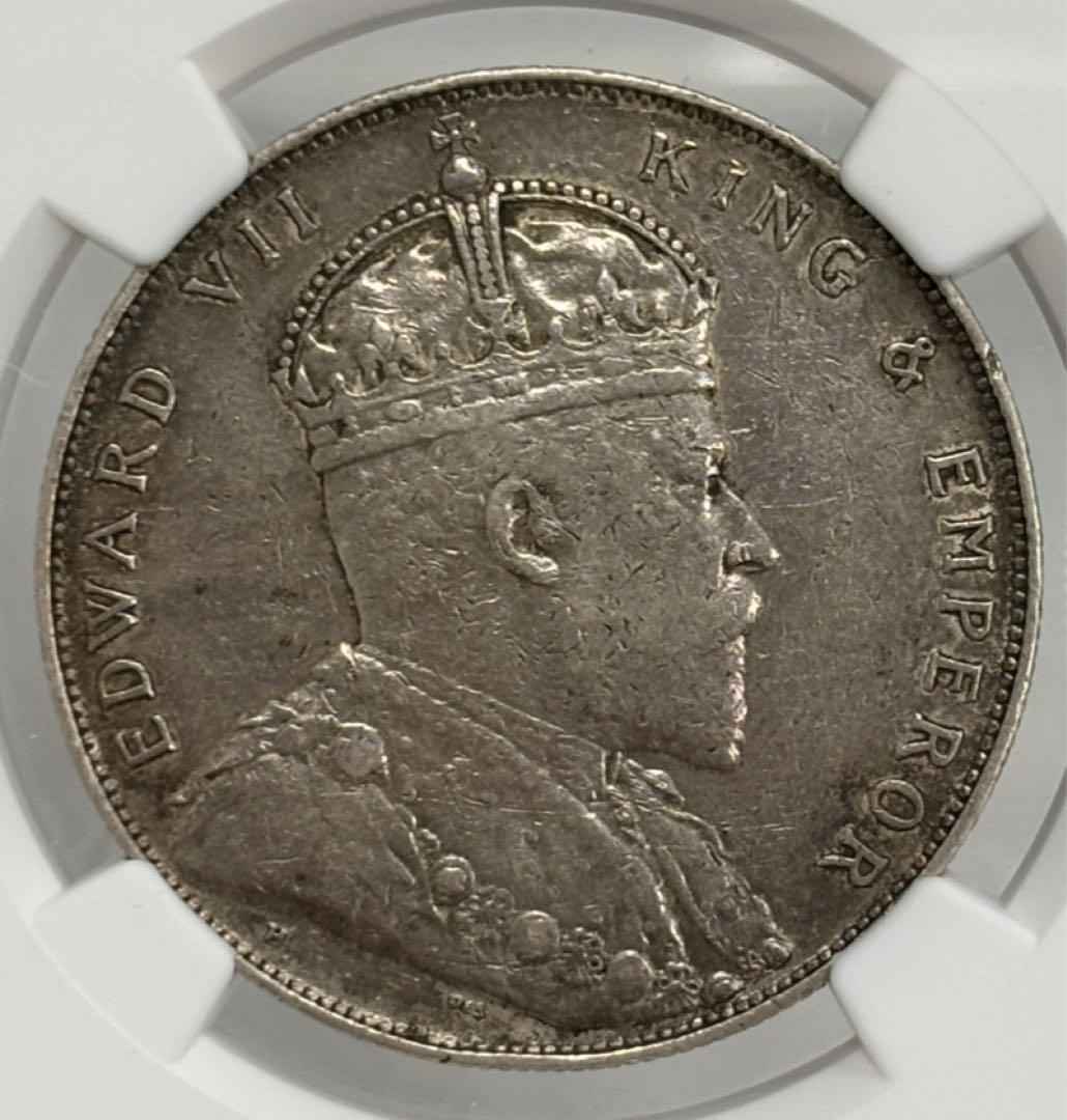 1907H-英領海峡植民地エドワード7世 小型1ドル銀貨 NGC認証