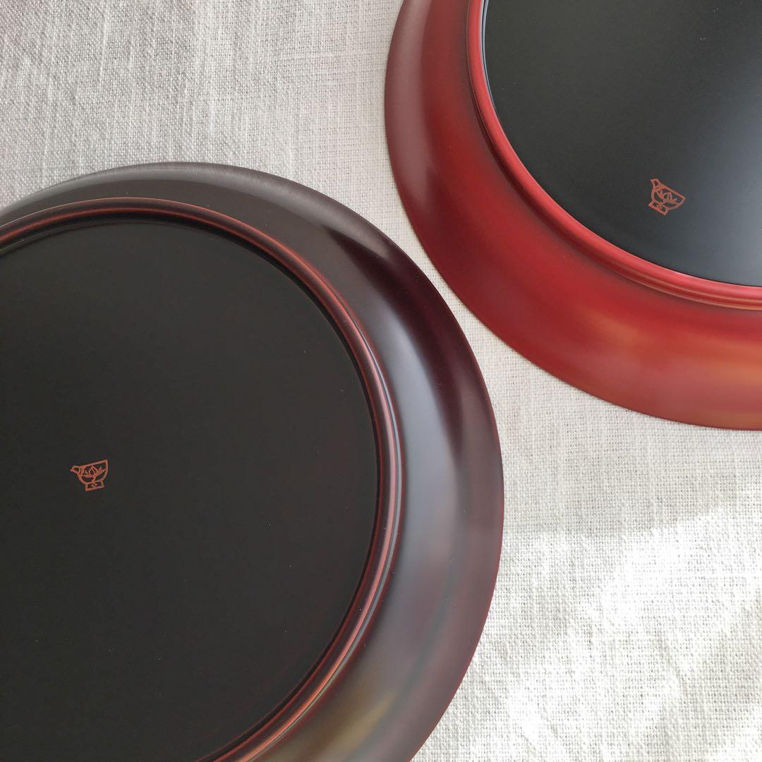 安比塗漆器工房8寸菓子皿トチ 溜 本朱 2個セット未使用品