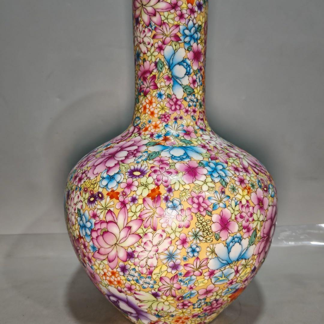 旧家蔵出　清国時代　大型　雍正｜粉彩｜胭脂紅｜万花｜天球瓶 逸品　置物