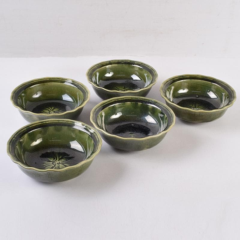 北大路魯山人作　織部焼　輪花小鉢　五客　共布　黒田陶々庵極め箱　M　R8898B