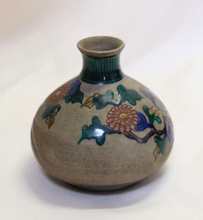 明治期　九谷焼　青手花生　アンティーク　共箱0806