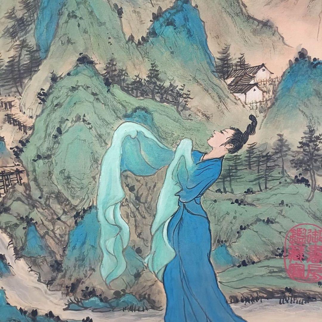 王希孟 山水画 掛け軸 中堂 千里江山図 中国画 表装済 77×175cm