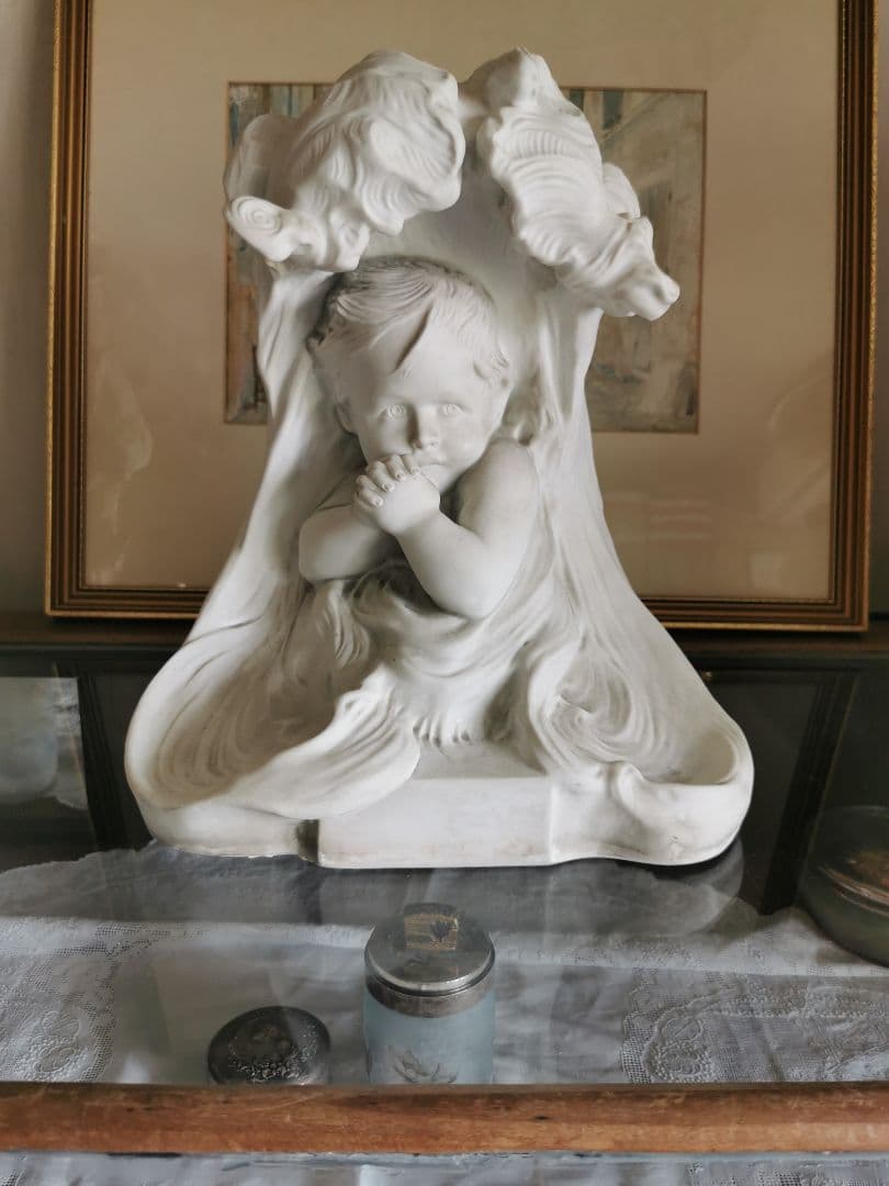 アンティークフランス 大型素焼きビスク彫像塑像 少年の祈り 作家物サイン刻印