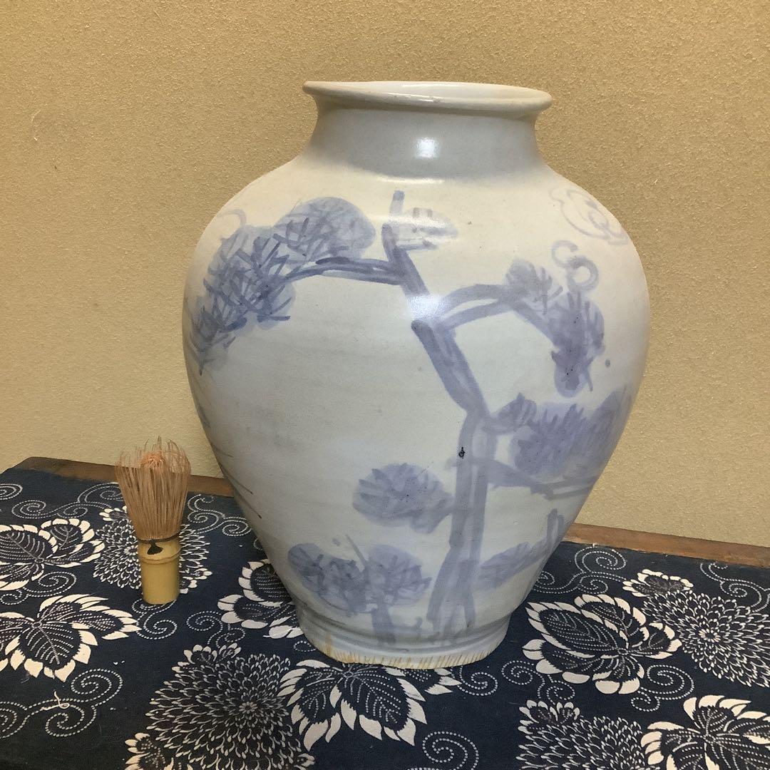 李朝　朝鮮　壺　大壺　花器　花瓶　松笹紋　砂高台　古伊万里・粉引・茶道好きにも
