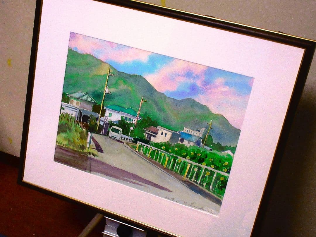 水彩画 田舎風景 額装済み 原画 F6サイズ
