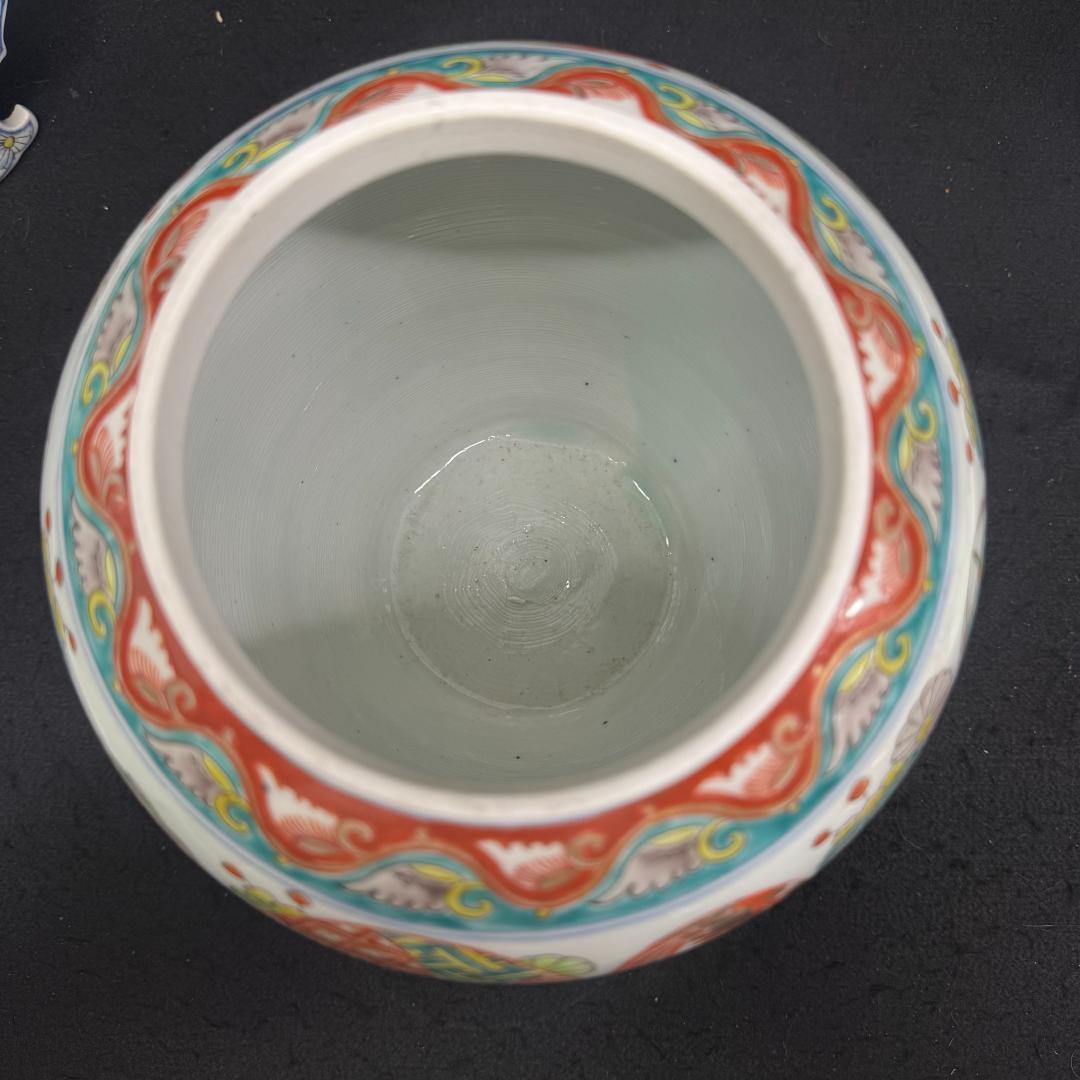 江戸時代中期　古伊万里色絵風景亀鶴図壺　沈香壷　　古美術　骨董品