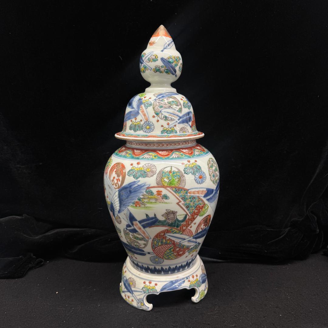 江戸時代中期　古伊万里色絵風景亀鶴図壺　沈香壷　　古美術　骨董品